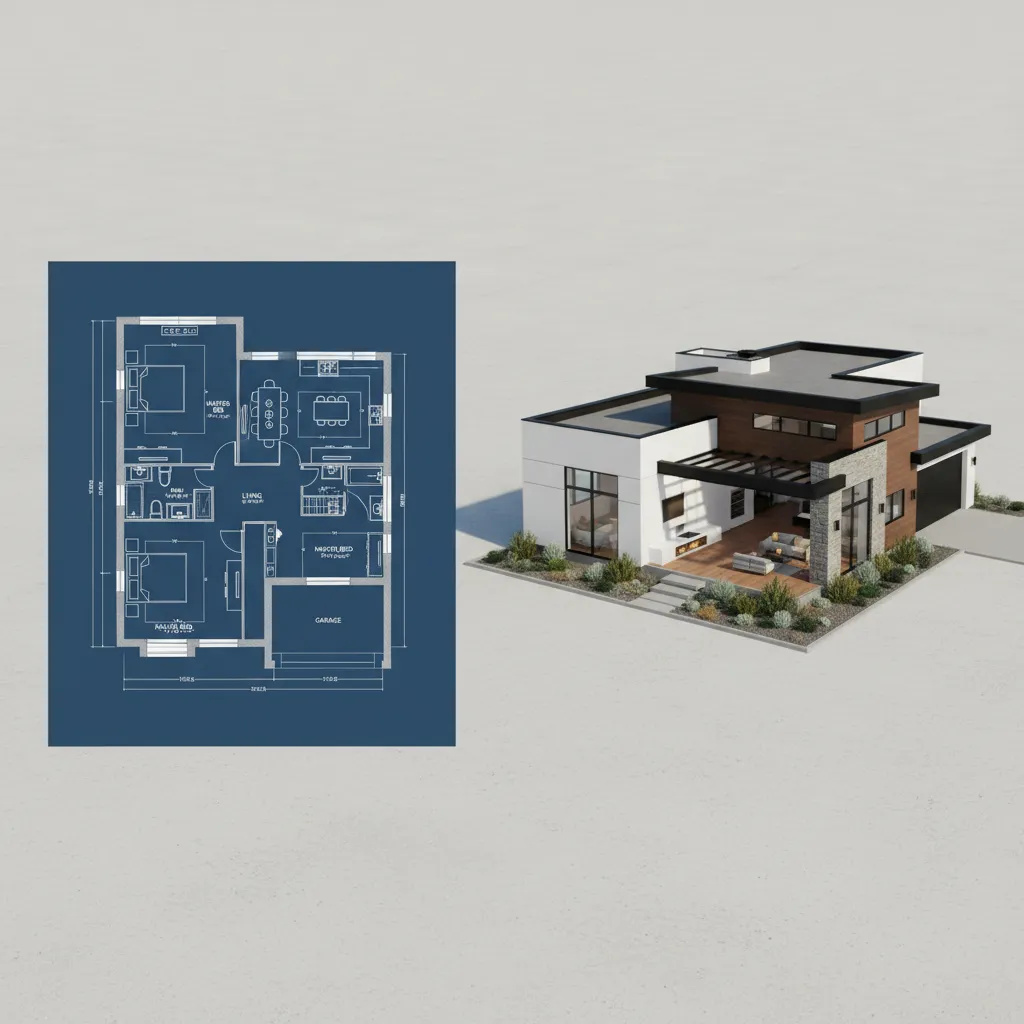 Comparación entre un plano de casa 2D y un modelo 3D