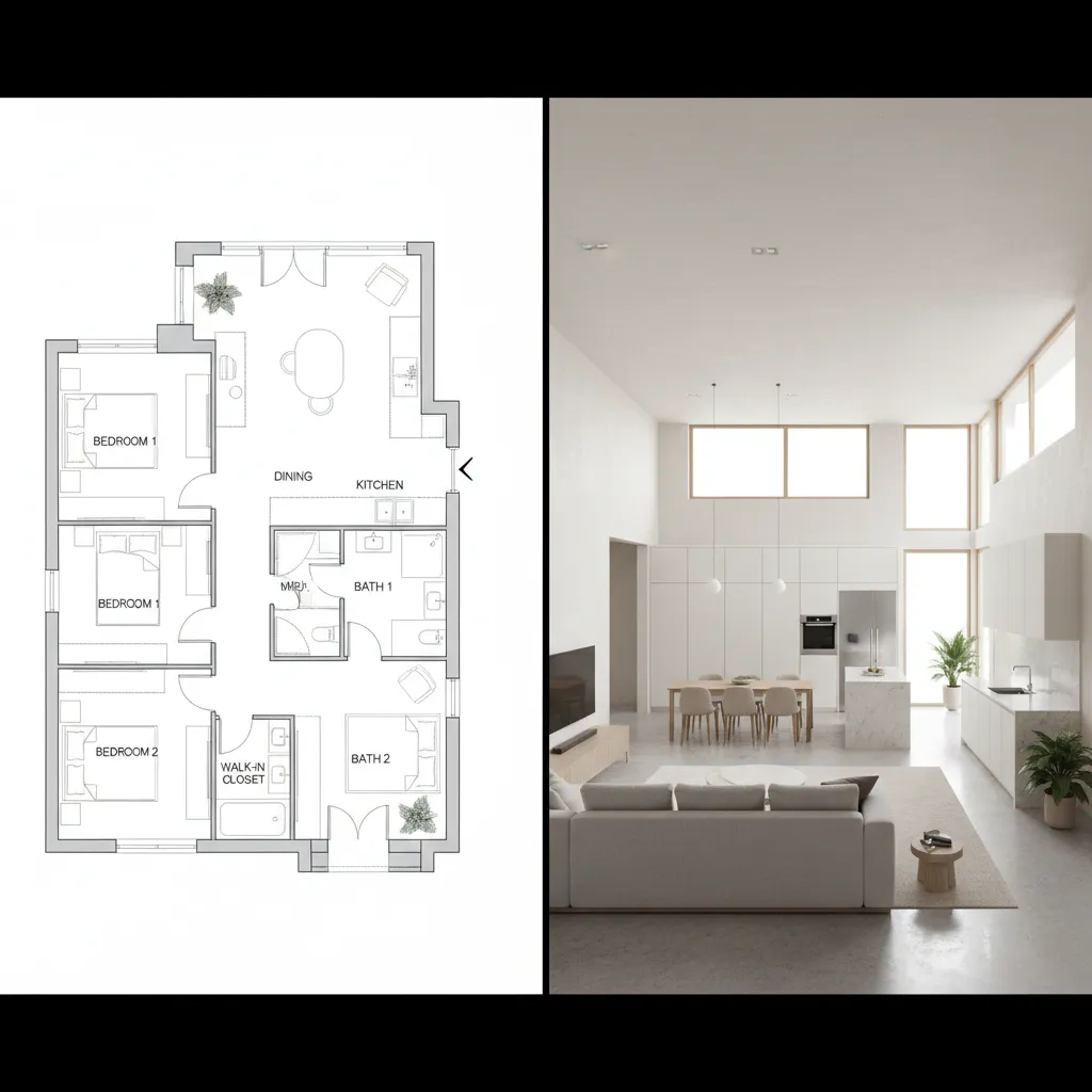 comparación entre plano 2D y visualización 3D de una casa