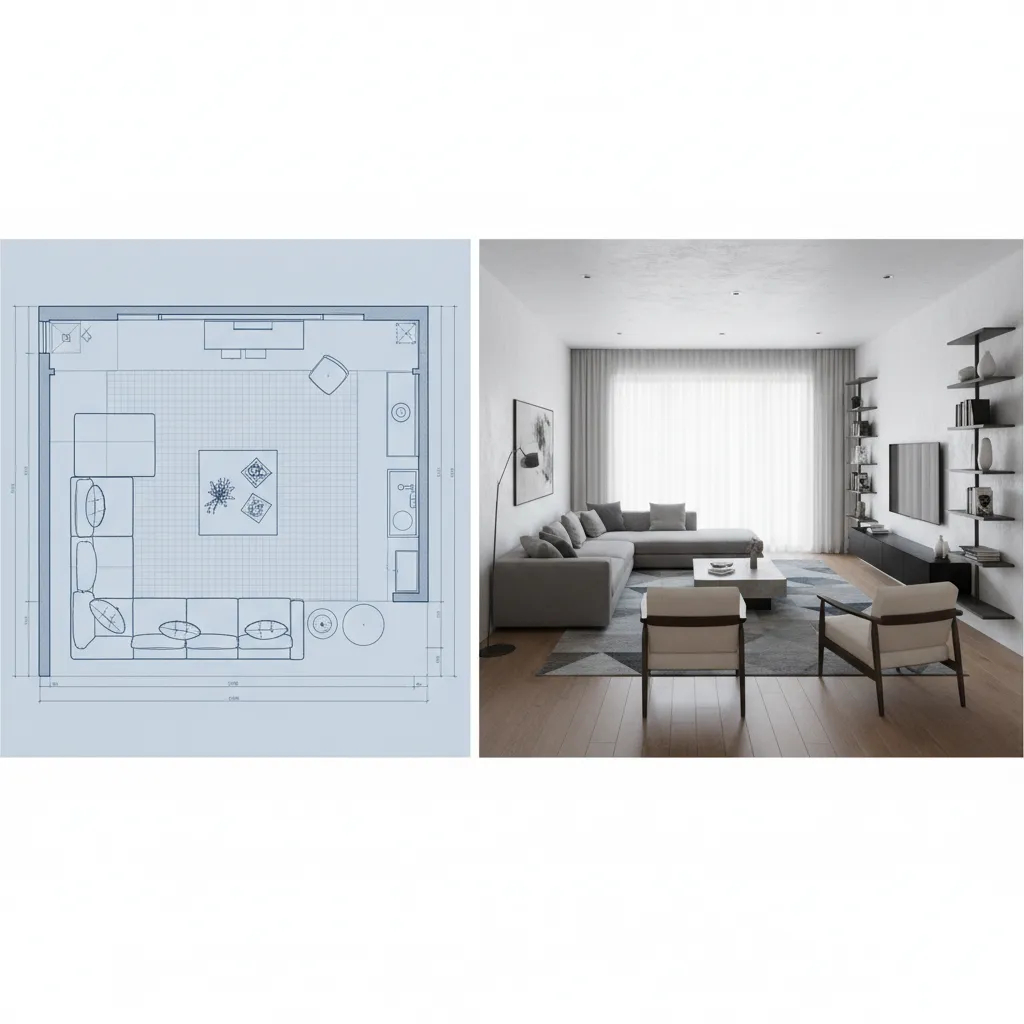 Comparación visual entre plano 2D técnico y visualización 3D de una sala