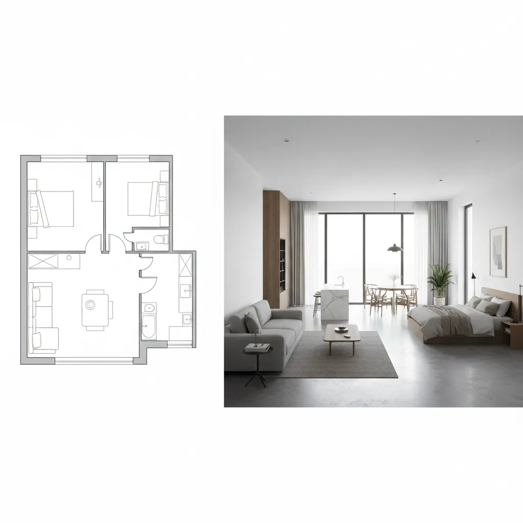 Comparación entre plano de planta 2D y modelo interior 3D