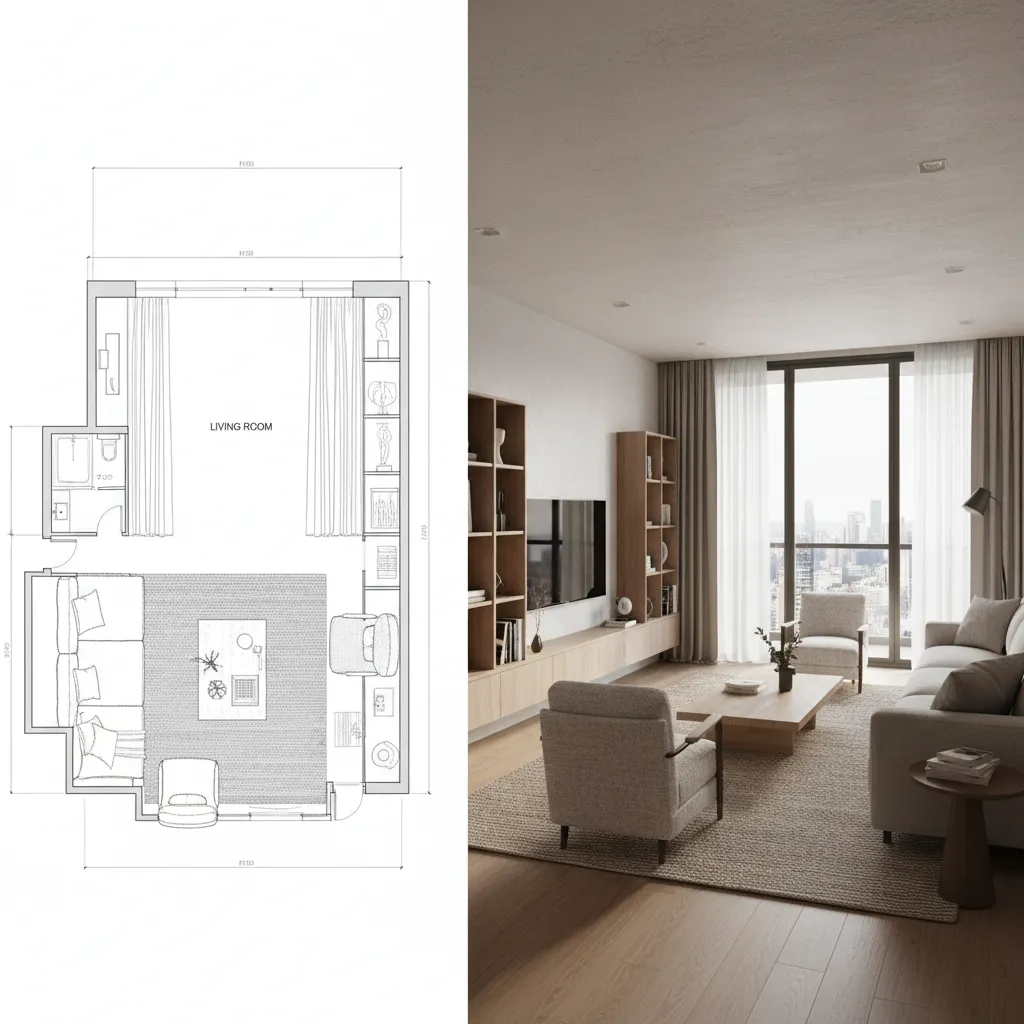comparación entre plano 2D y render 3D de una habitación