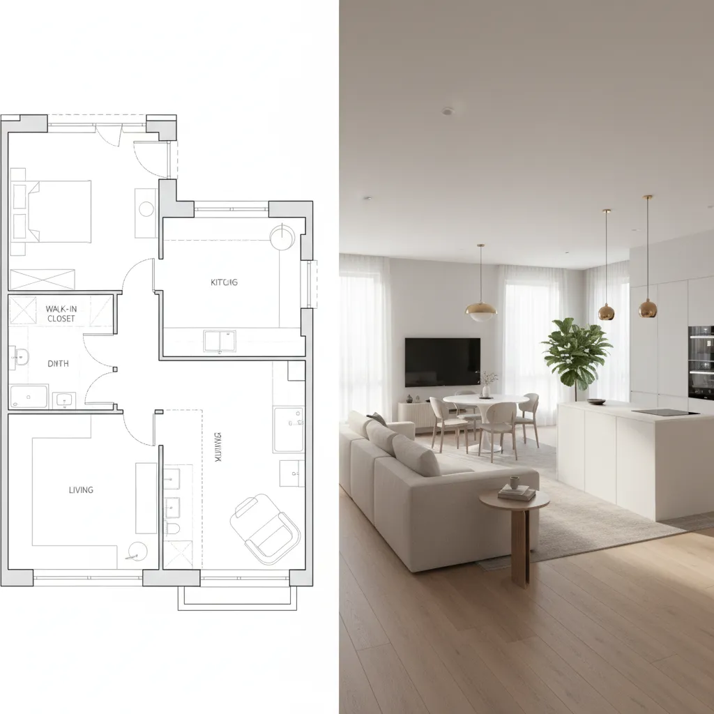 Comparación entre plano 2D y visualización 3D de un mismo espacio