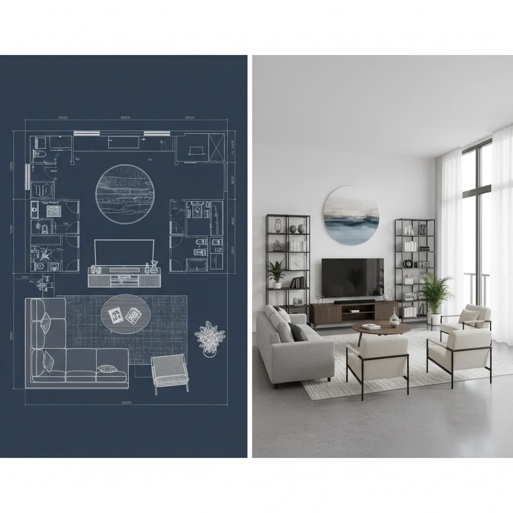 Comparación entre plano técnico en CAD y visualización 3D de un interior