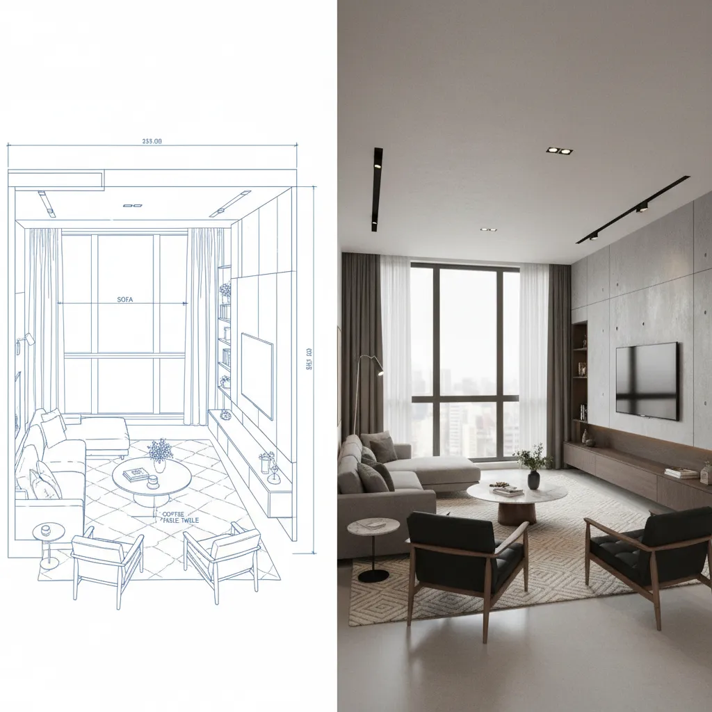Comparación entre plano 2D de habitación y render 3D realista