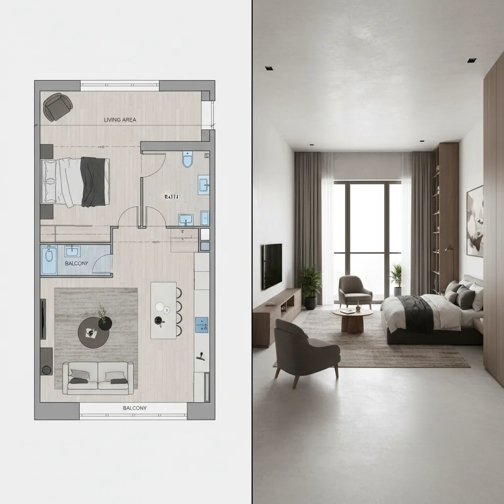 Comparison of a 2D floor plan layout and a modern 3D bedroom interior design drawing