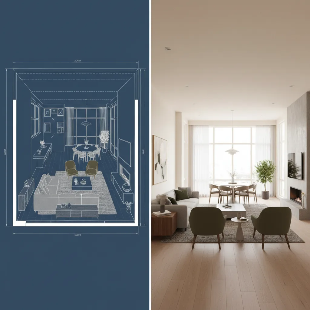 Comparison of a blue room layout drawing and a realistic living room interior design drawing