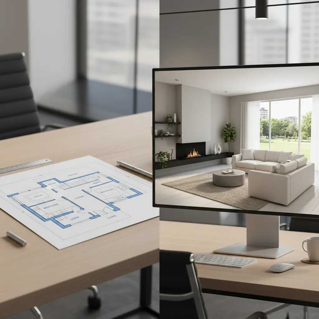 Comparación entre plano simple en documento y modelo 3D de casa