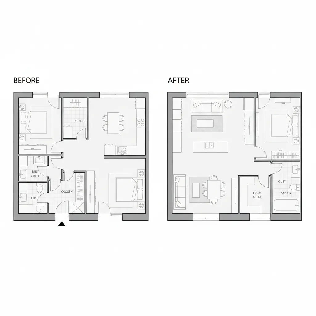 Comparación de plano antes y después de una reforma interior