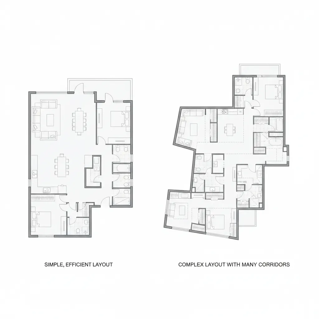 Comparación entre plano de casa simple y plano con demasiados pasillos