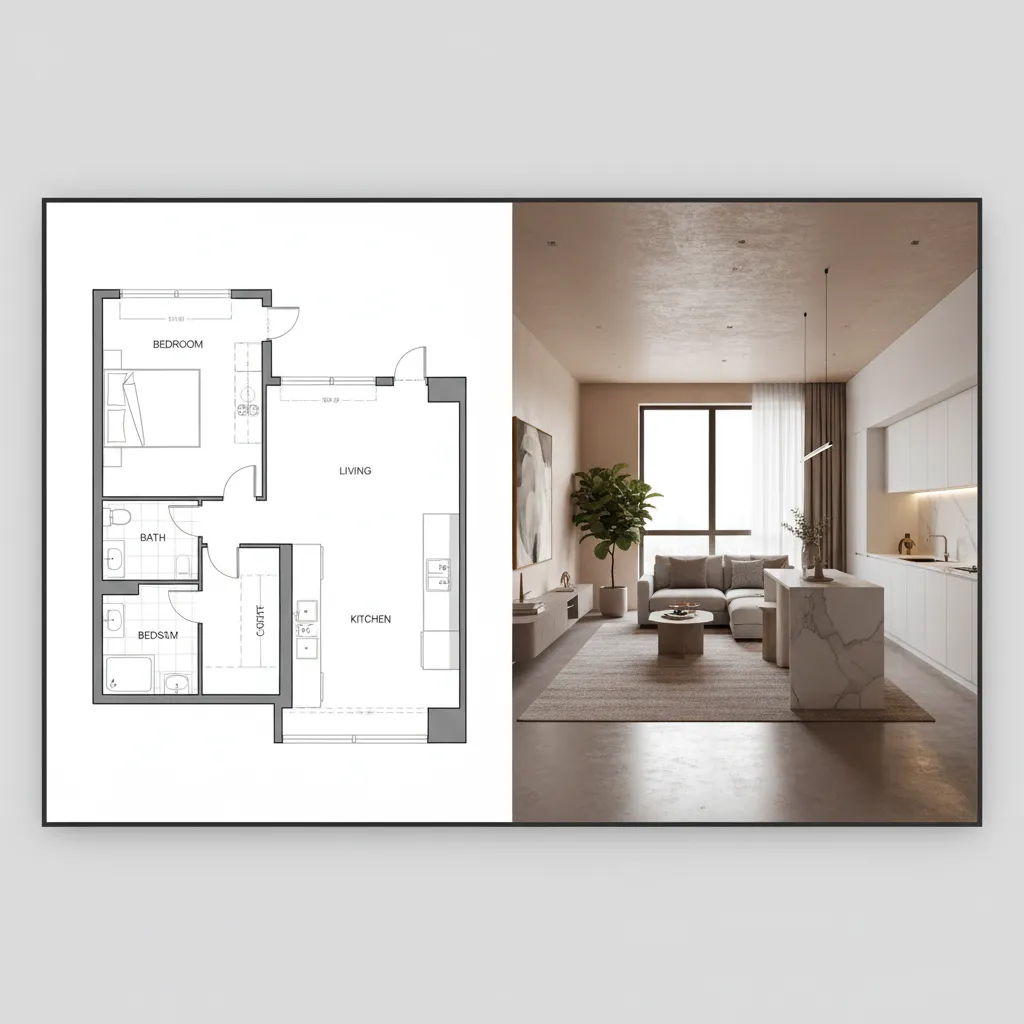 Comparison showing a black and white floor plan next to a 3D interior design drawing