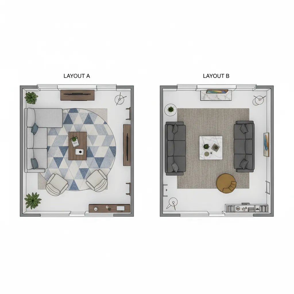 Comparación de dos distribuciones de mobiliario en un mismo salón