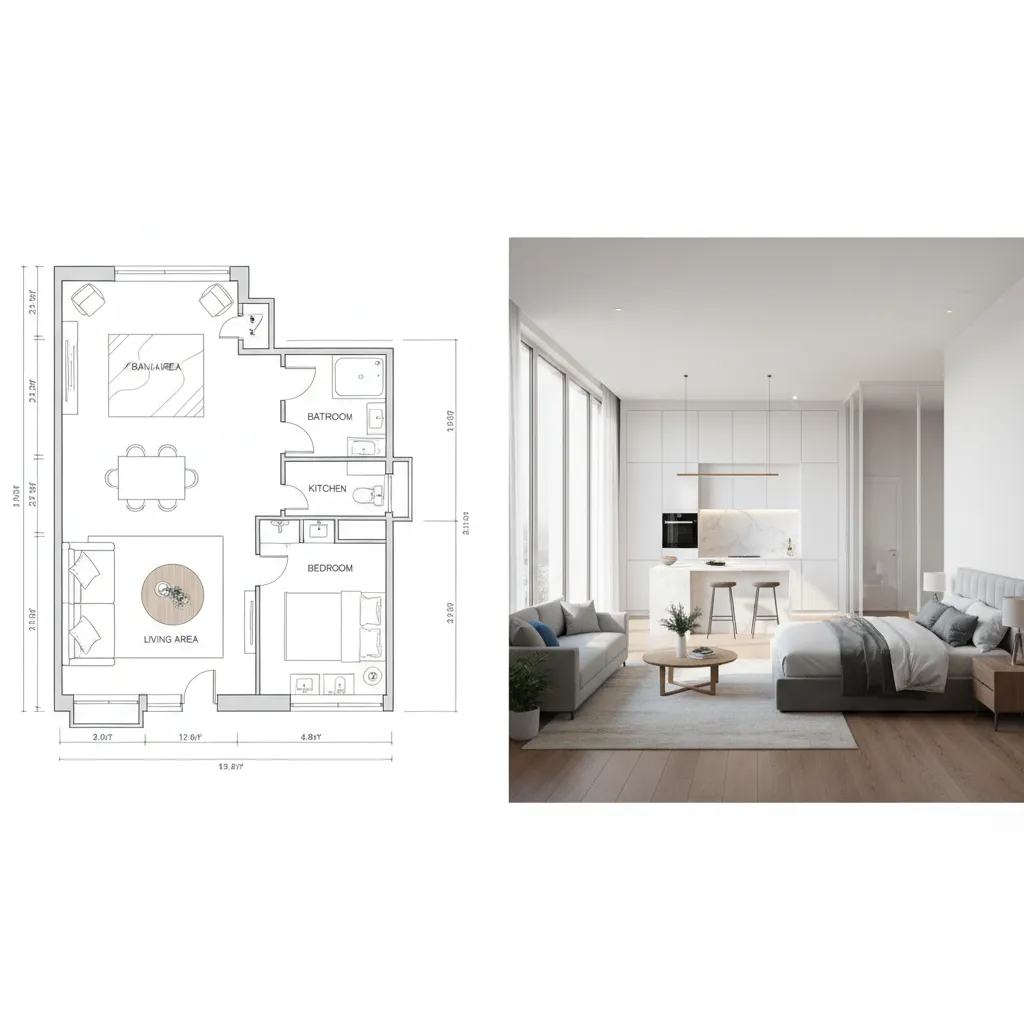 Comparación entre plano 2D y visualización 3D de un mismo espacio interior