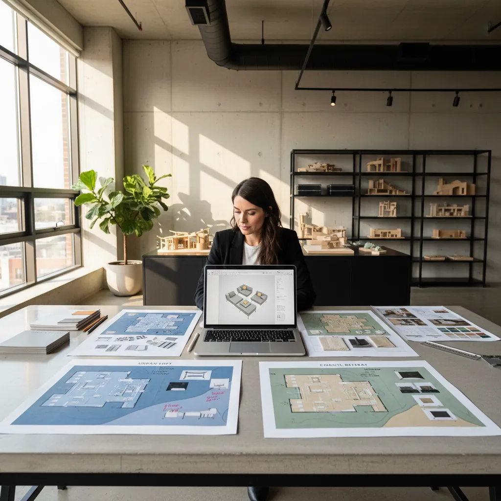 Diseñador comparando dos presupuestos de interiorismo con planos y notas