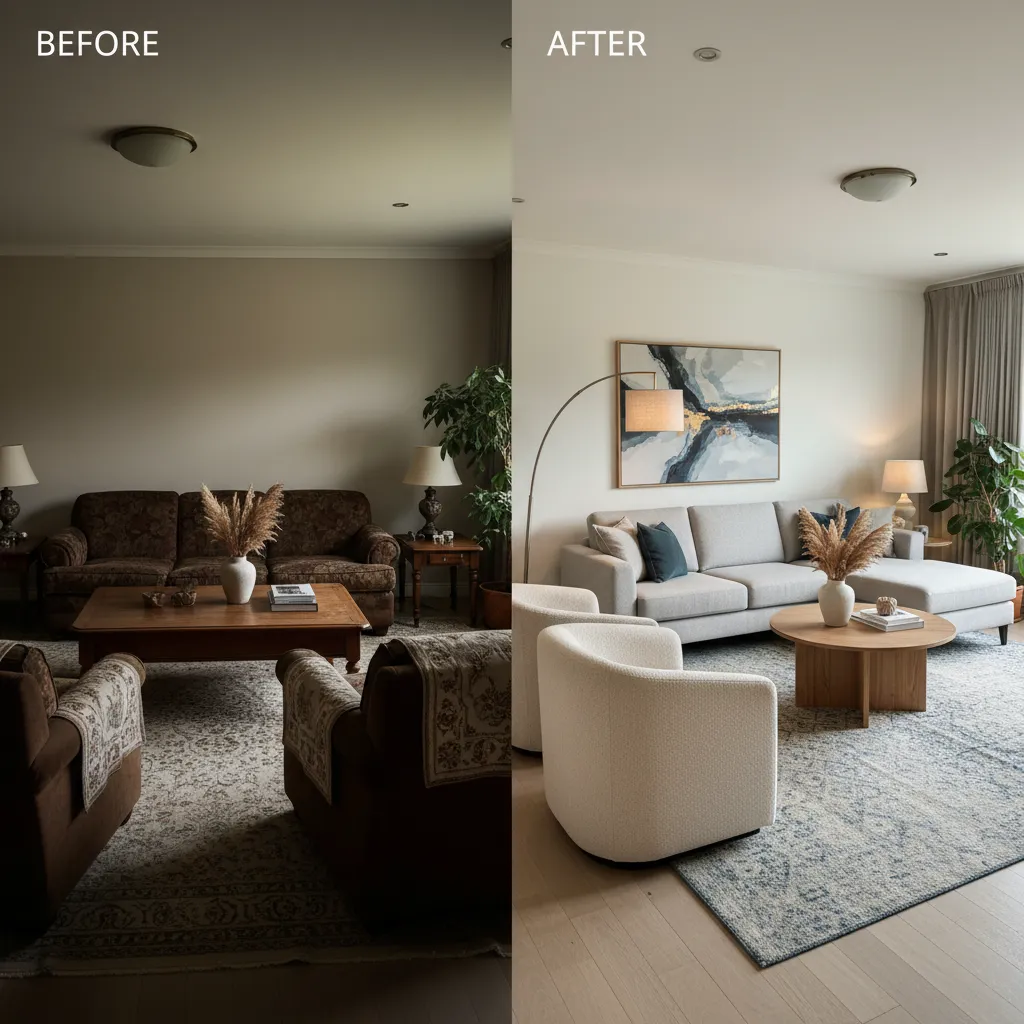 Before and after comparison of living room with dark old furniture versus modern bright decor
