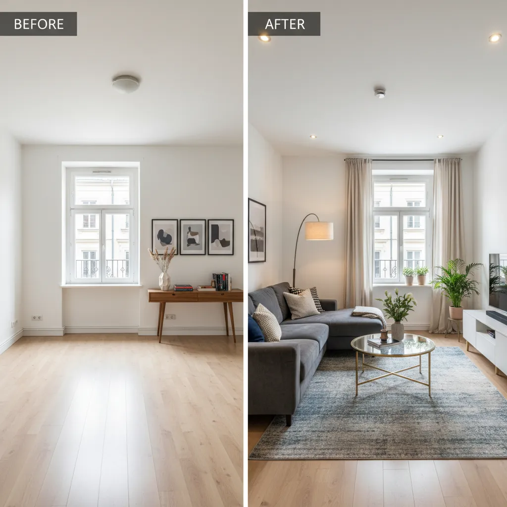 Comparación visual entre un salón sin diseñar y uno decorado profesionalmente