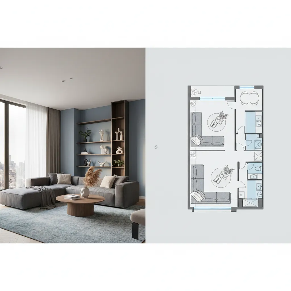 Comparación entre una habitación decorada y un plano de diseño interior
