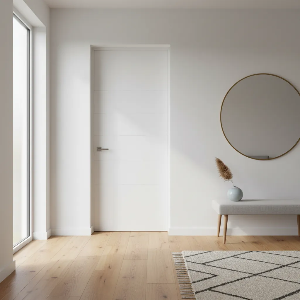 Interior moderno con puerta blanca lacada y suelo de madera