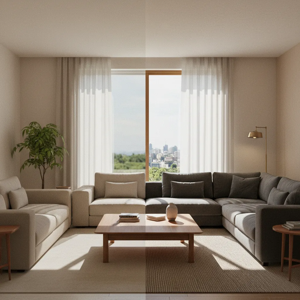 Comparación entre render antiguo y render moderno de una sala de estar