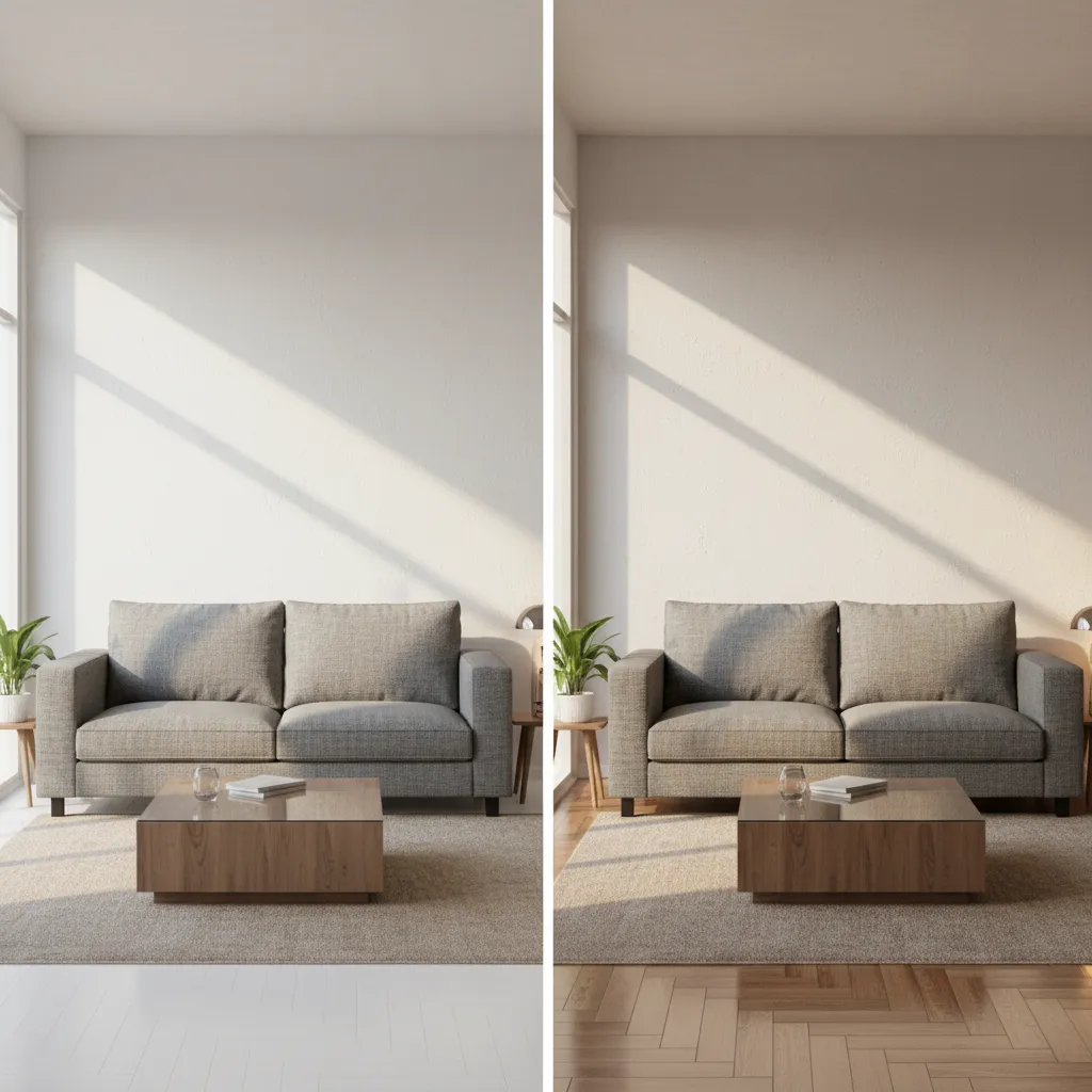 Comparación entre render básico y render fotorrealista de un mismo salón