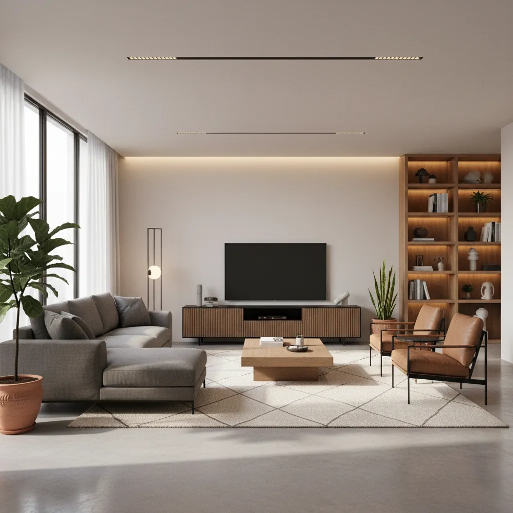 Visualización de interior con mobiliario y materiales realistas
