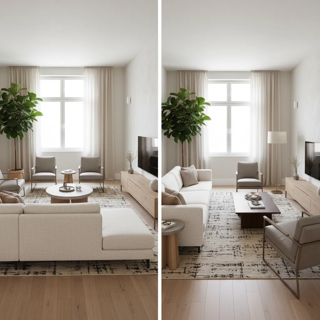 Living room comparison showing two different furniture layout options with sofa rug and wooden floor