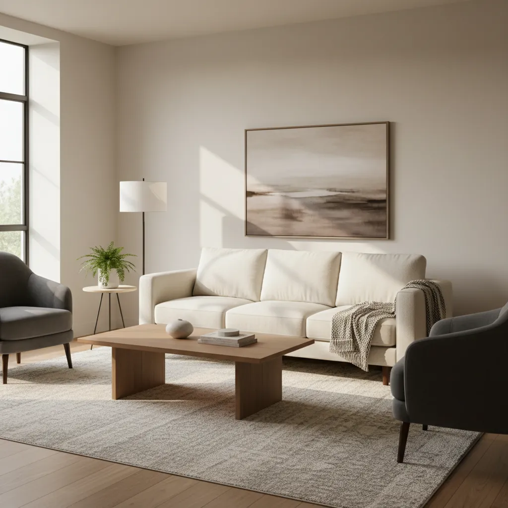 Modern living room with white sofa wooden coffee table grey armchairs large rug and painting