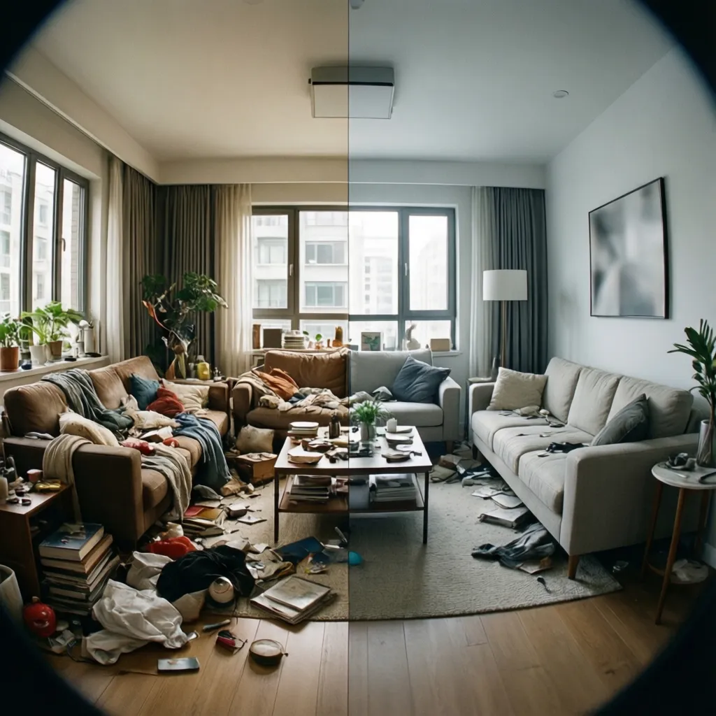 Comparación entre salón sobrecargado de muebles y salón minimalista