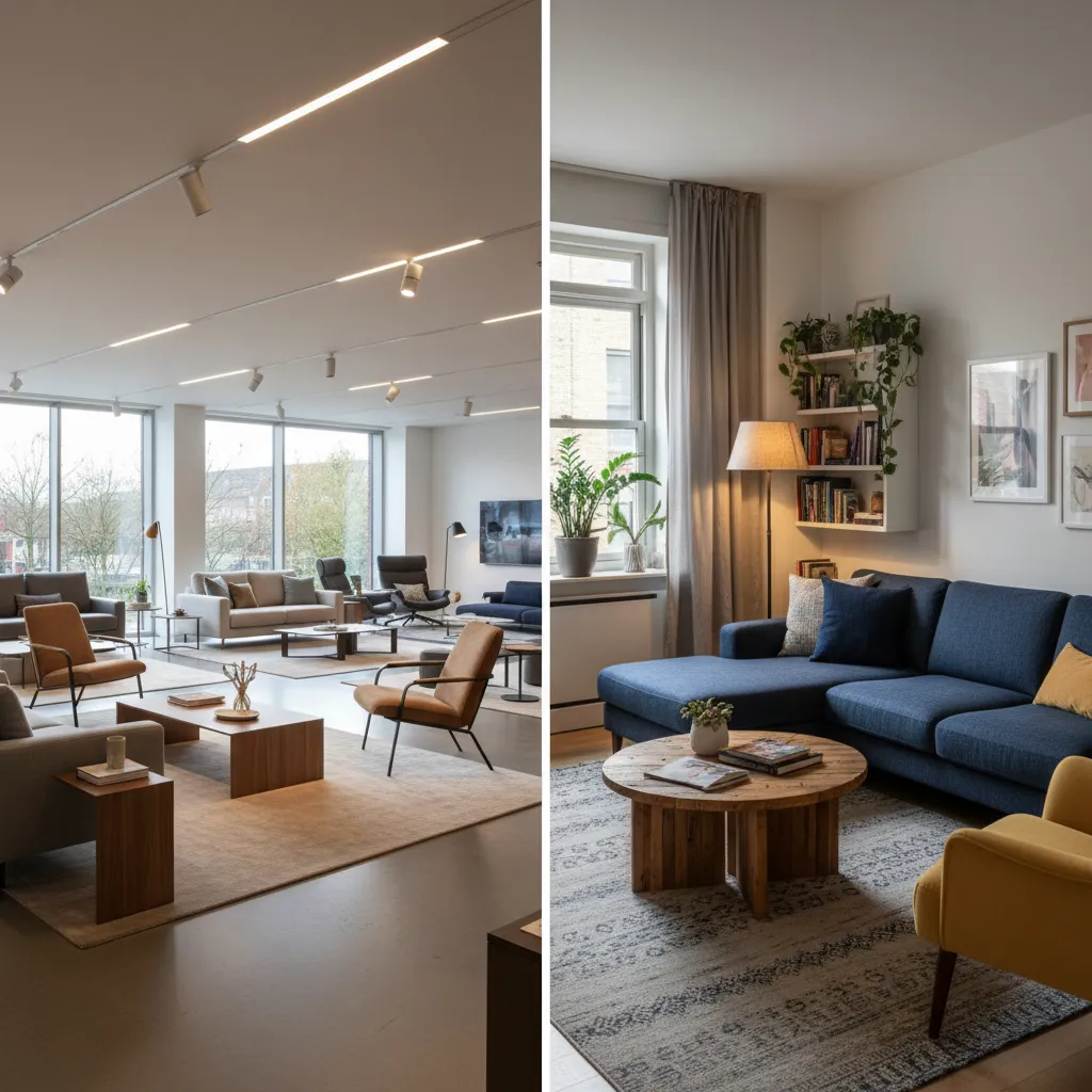 Comparación entre un showroom amplio y un departamento real decorado