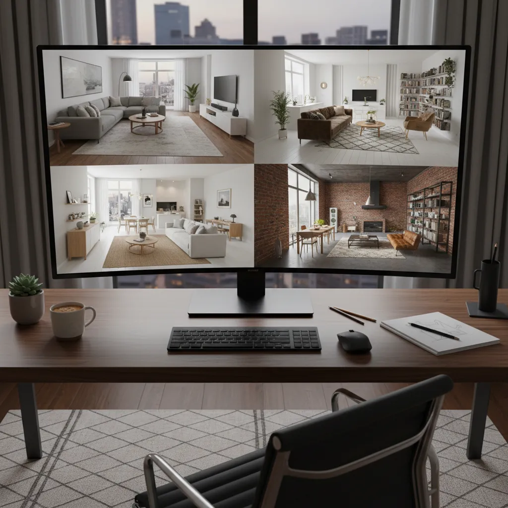 Pantalla con varias opciones de diseño de interiores en software