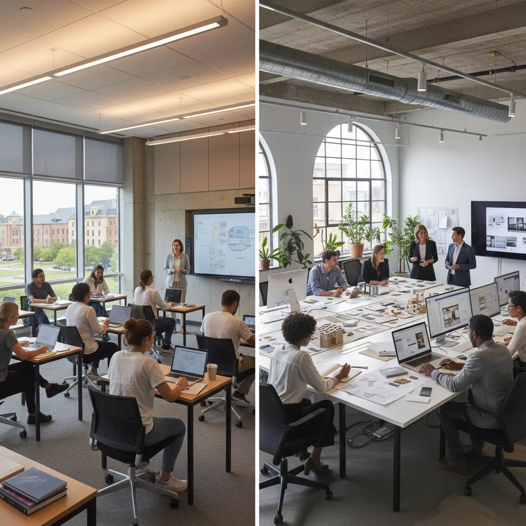 Comparison showing a traditional interior design classroom and a modern collaborative studio with house models