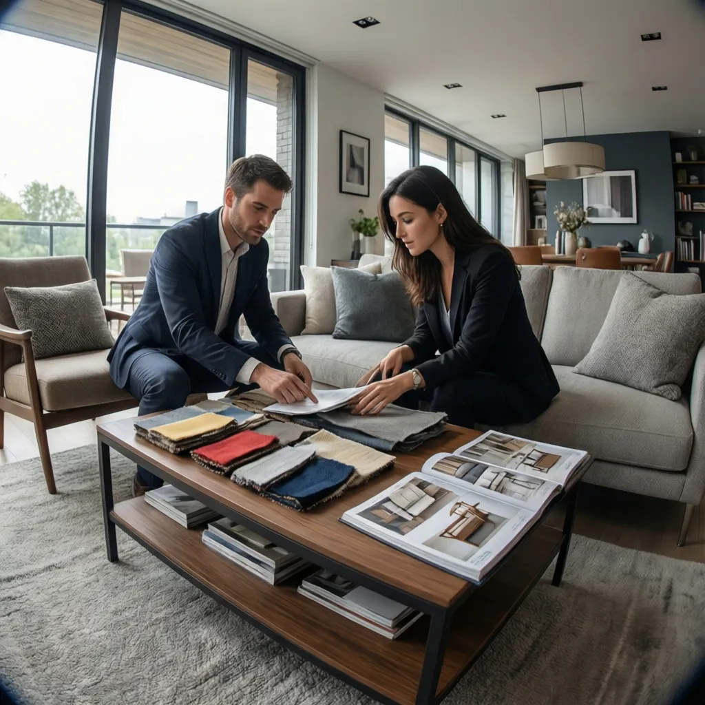 Cliente y decorador comparando opciones de muebles en un salón