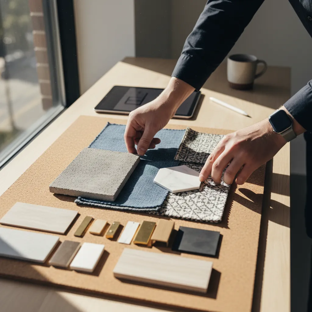 Diseñador comparando muestras de materiales en un proyecto