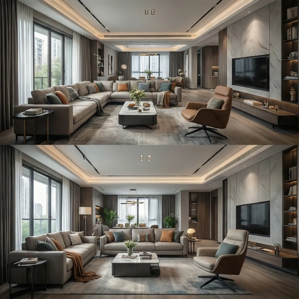 Comparación de dos distribuciones de muebles en un salón diseñadas digitalmente