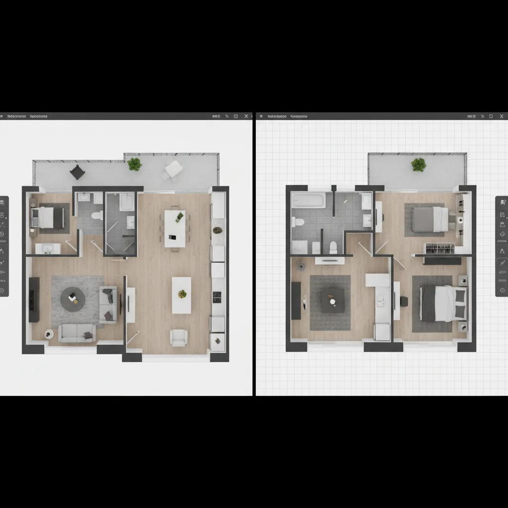 Comparación de dos distribuciones diferentes de una misma casa en 3D