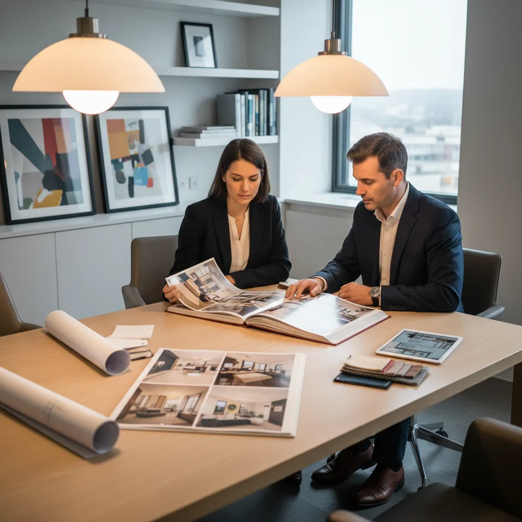 Cliente revisando portafolio de interiorismo con diseñador