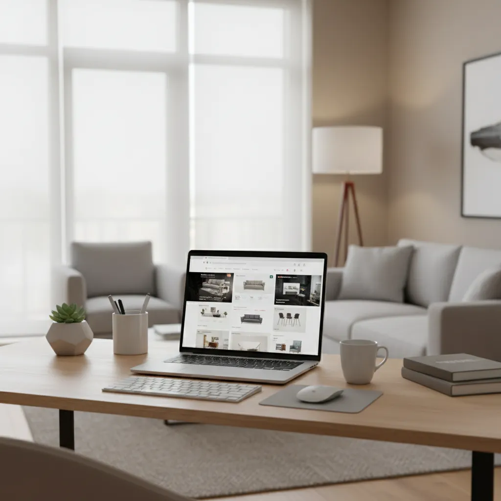 Laptop screen comparing multiple furniture websites for price comparison