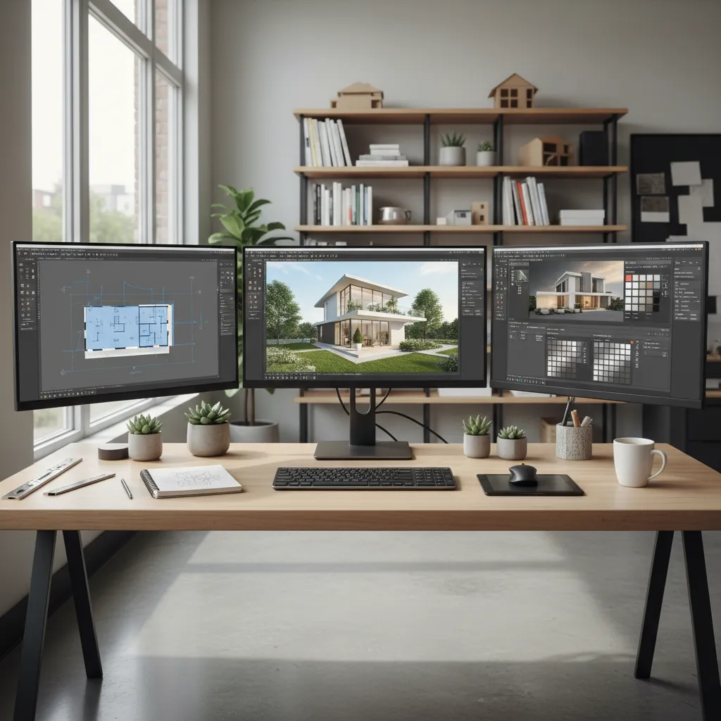 designer comparing multiple home design software tools on workstation