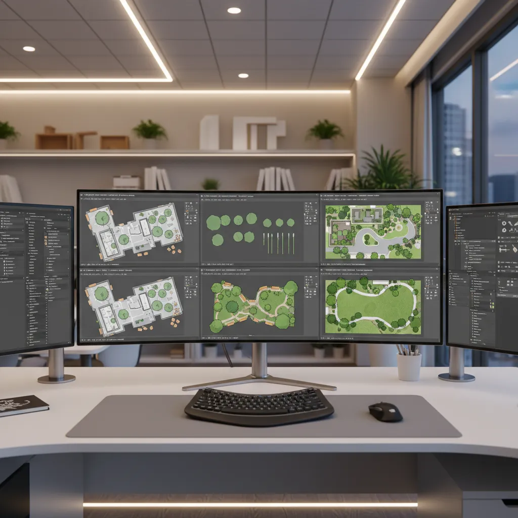 multiple landscape CAD files open on computer screen comparing different block styles
