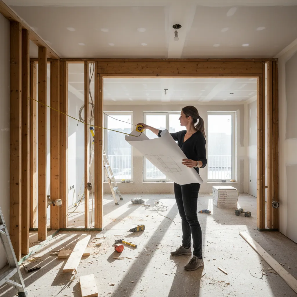 designer comparing an old building blueprint with the actual room layout during renovation planning