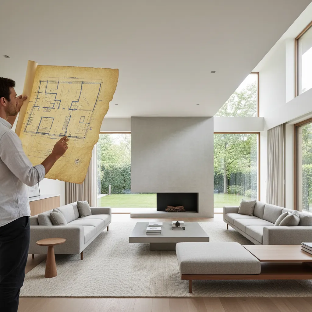 Homeowner comparing printed old house plans with actual room layout