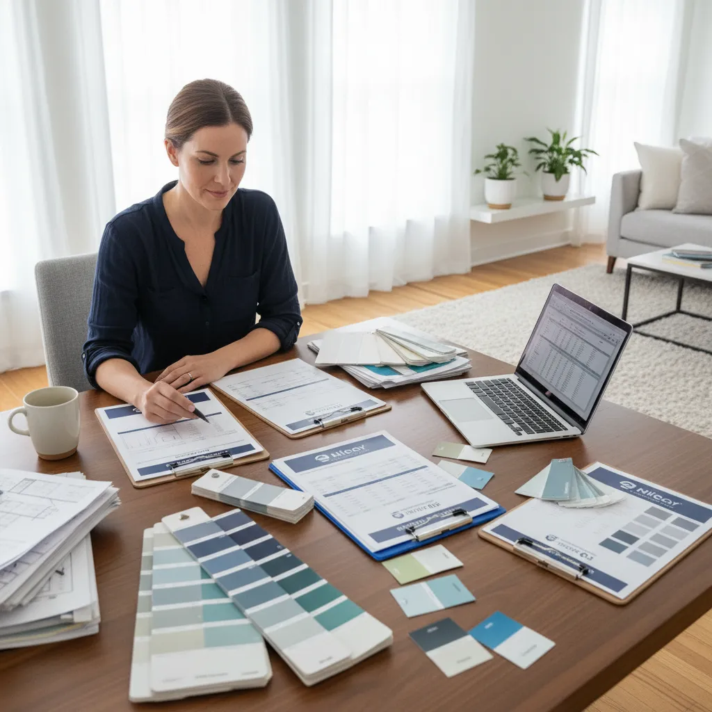 homeowner reviewing multiple painting contractor quotes on table