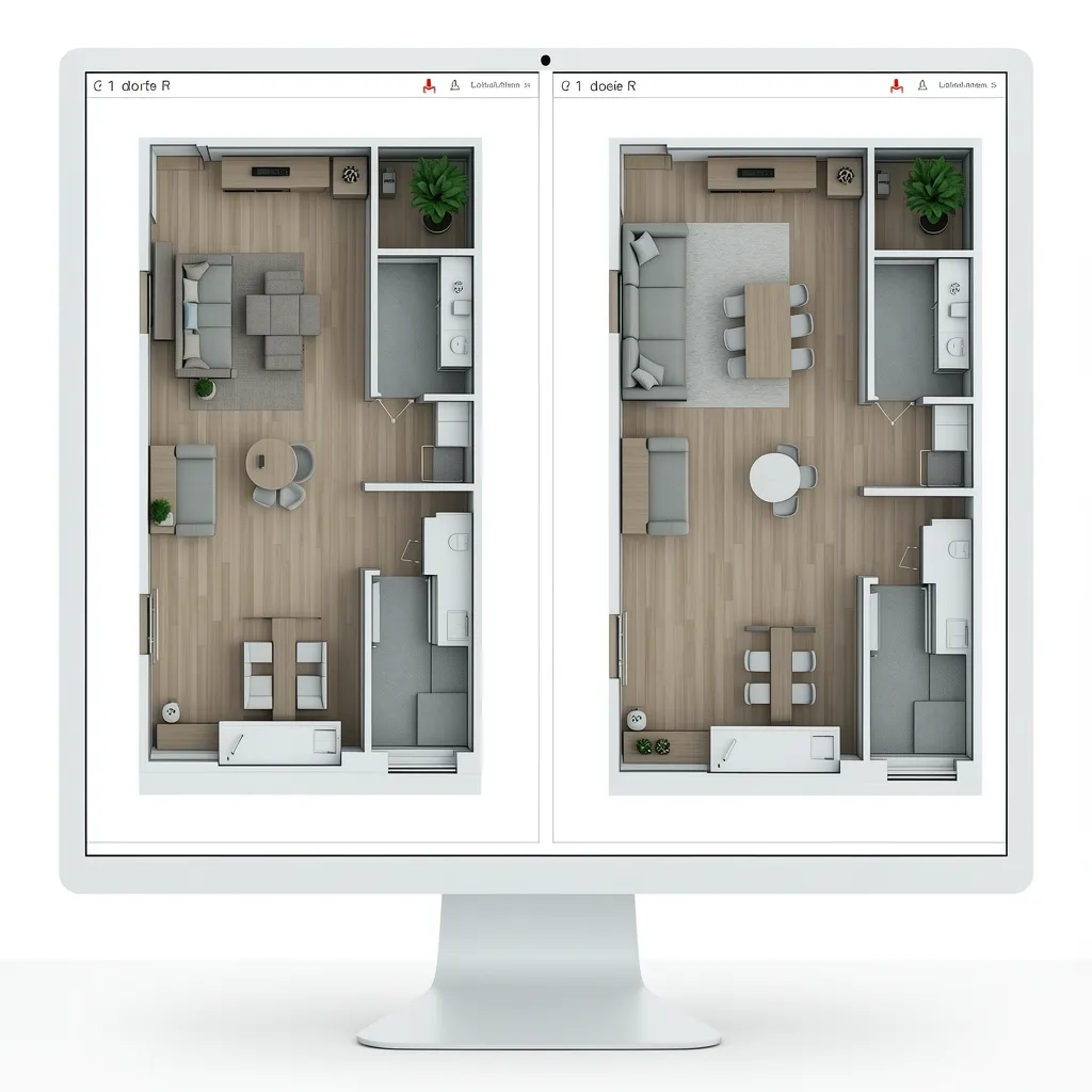 Side by side digital living room layouts showing different furniture arrangements