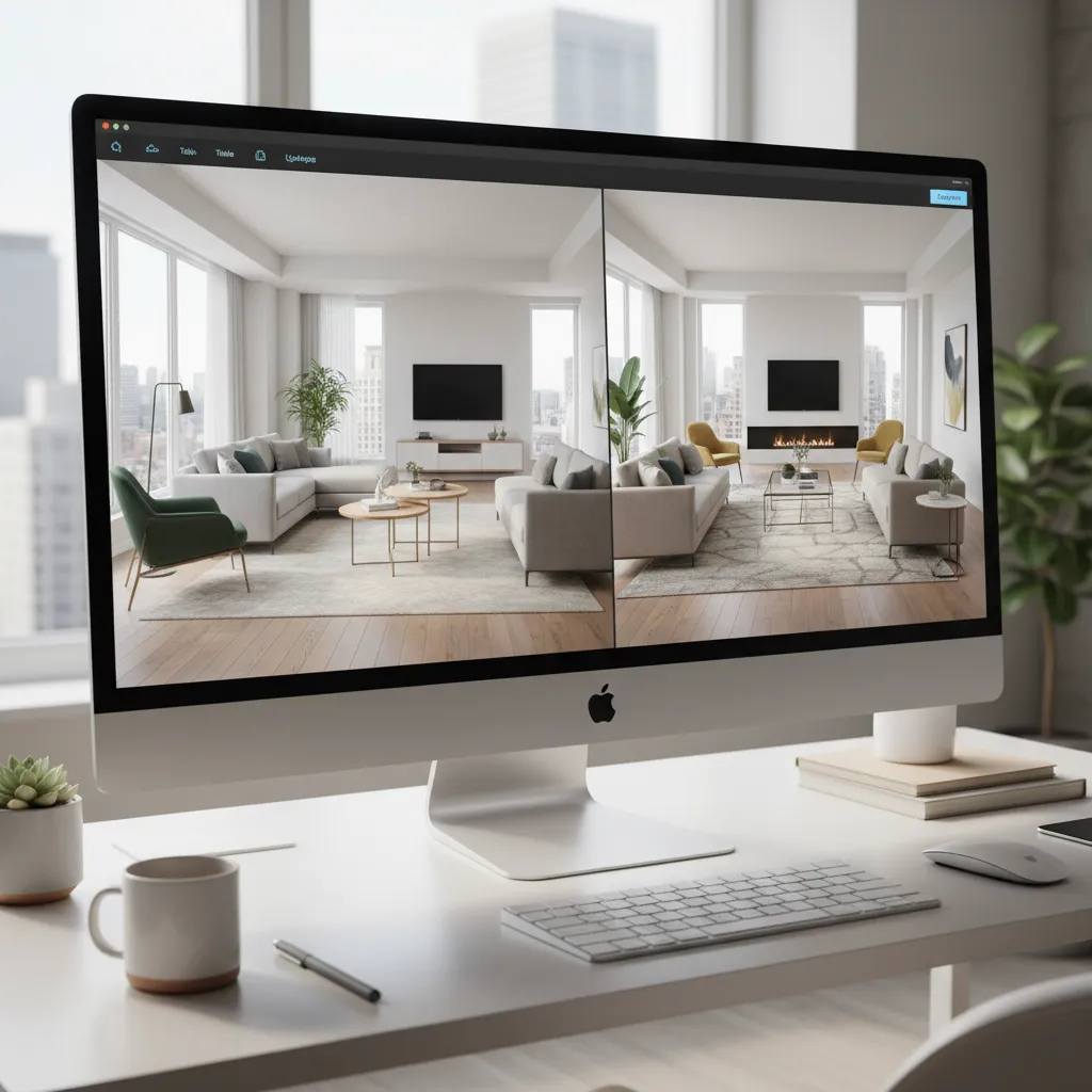 two living room layout options displayed side by side in a room design app