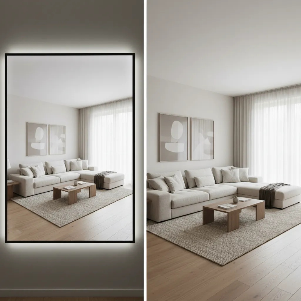 Side by side comparison of digital room plan and real furnished living room