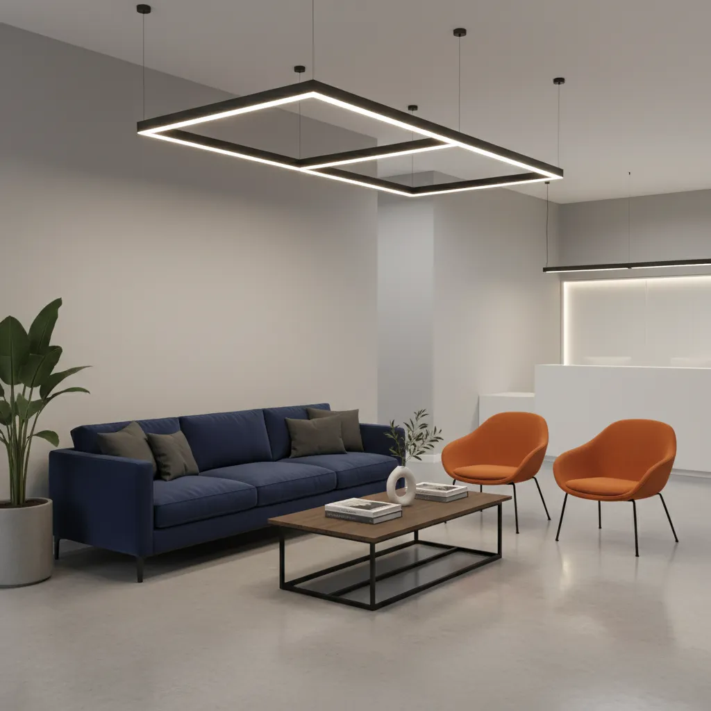 waiting room interior using navy and orange complementary colors