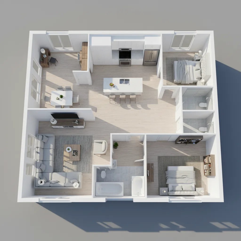full house 3D floor plan render showing kitchen living room bedrooms and furniture