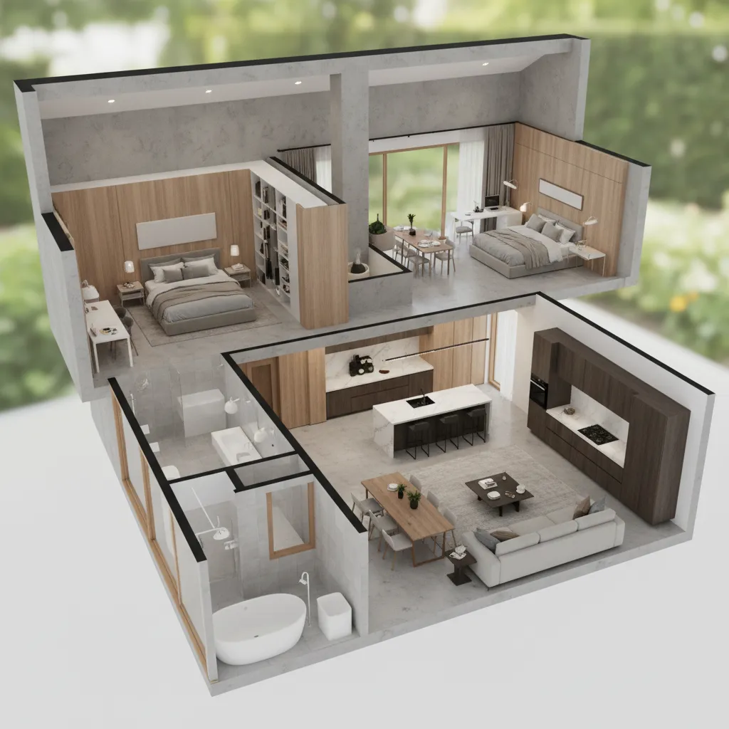 Vista 3D completa de la distribución de una vivienda