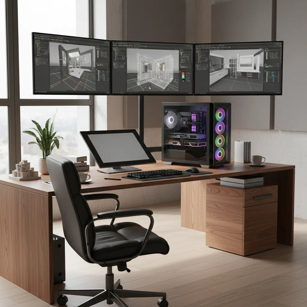 Complete high end workstation for 3D rendering with multiple monitors and powerful PC