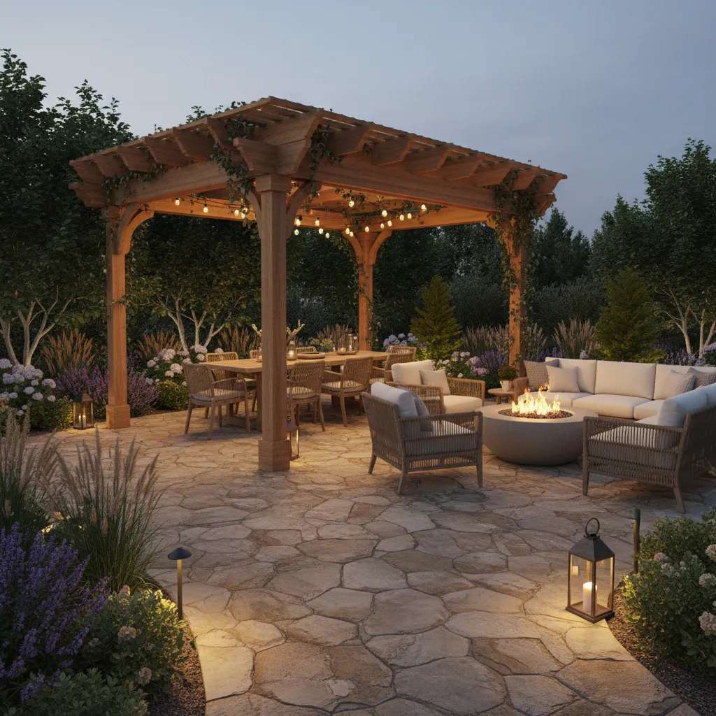 Completed backyard patio design render with dining area pergola and lounge seating