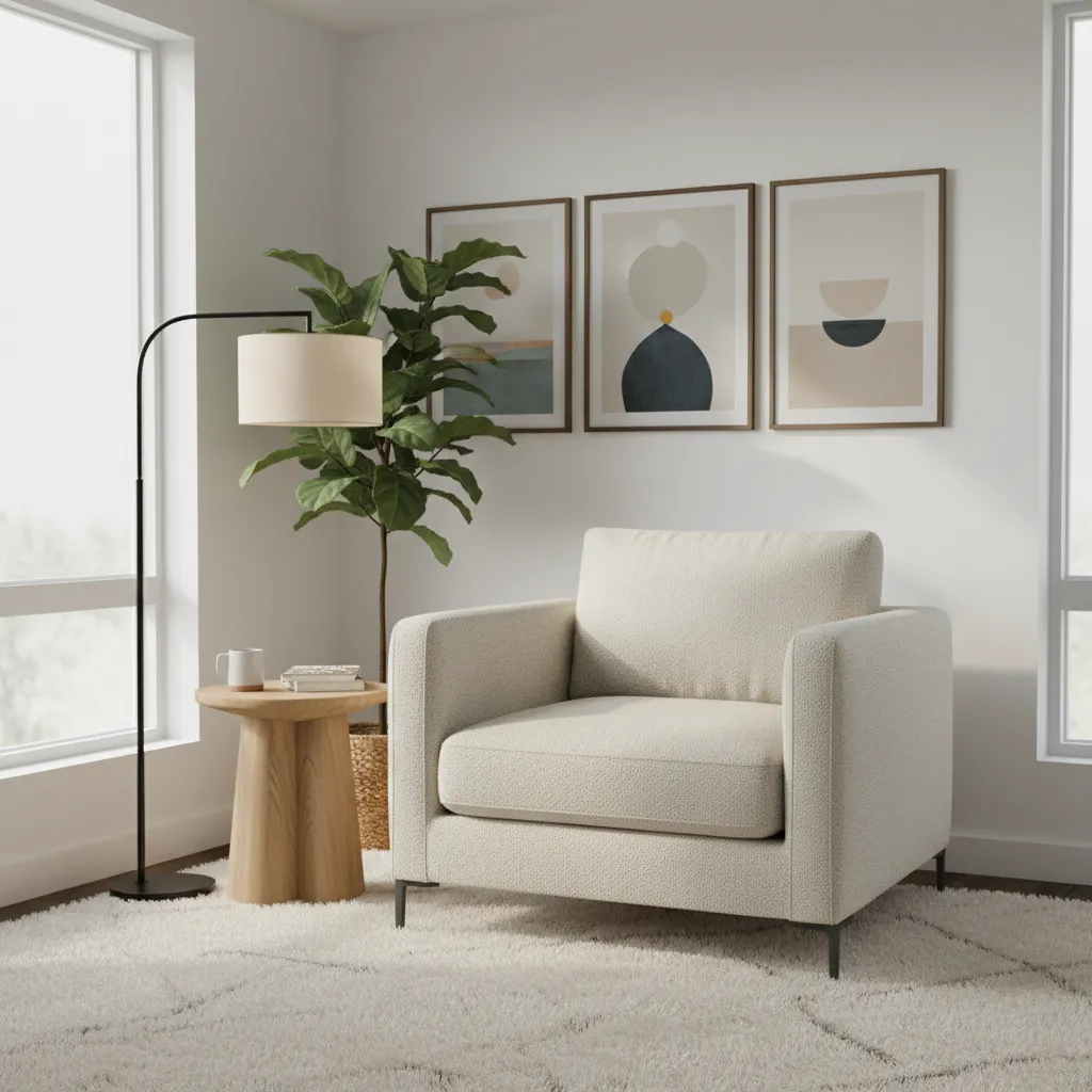 Modern white armchair in room corner with wooden table floor lamp plant and wall art
